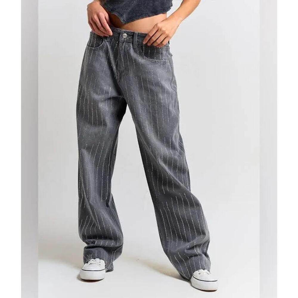 Zara Boy Boy Fit w Embellishment Striped Relaxed Straight Jeans 4 NEW Grey Denim - Picture 1 of 7